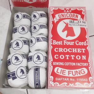 Benang Rajut Renda No 40 Unicorn Putih /Benang Akte (1 Kotak = 10 PCS)